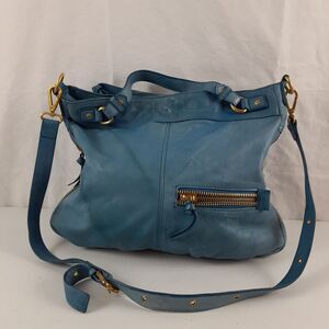 Steven Blue Leather Hobo Shoulder Bag Crossbody Bag Expandable Zippered Accent